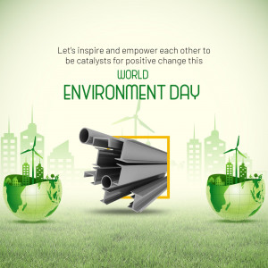 Environment Day graphic with globe, wind turbines, and metal structures.