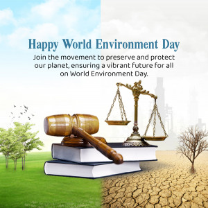 World Environment Day illustration with scales of justice, gavel, books, and contrasting landscapes.
