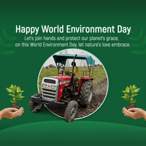 World Environment Day image featuring a tractor in a field and hands holding saplings.