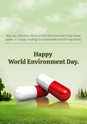 World Environment Day graphic with pills and green landscape