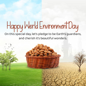 World Environment Day graphic with a basket of nuts symbolizing nature's bounty and a split image showing a healthy green landscape versus a barren, cracked landscape.