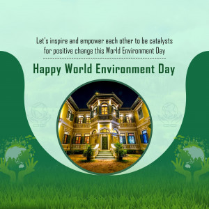 World Environment Day greeting with a building image and green elements.