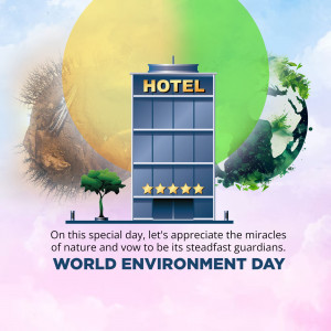 Hotel building with a nature-themed background celebrating World Environment Day.