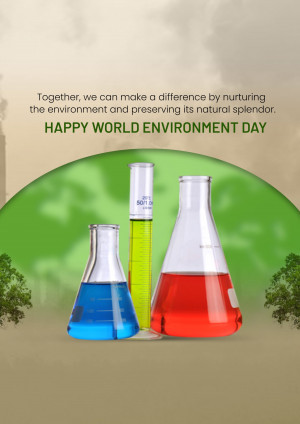 Image depicting beakers with colorful liquids and a globe, celebrating World Environment Day.