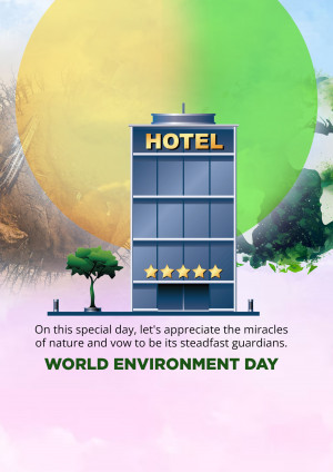Illustration of a hotel building with a nature-themed background and text promoting World Environment Day.