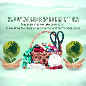World Environment Day illustration with globes as plants and sewing supplies in a basket.