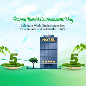 World Environment Day graphic featuring a hotel and green elements.