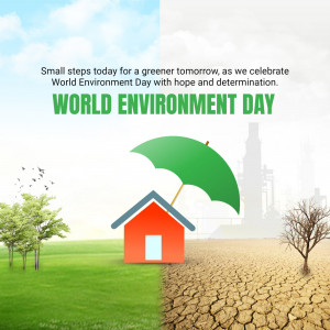 World Environment Day graphic showing a split image of a healthy and barren landscape with an umbrella and house.