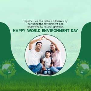Family forming a roof shape over their heads with a green environment background for World Environment Day.