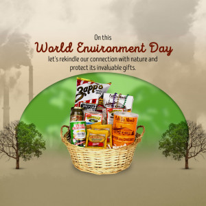 Image depicting a basket of packaged snacks with a message about World Environment Day and reconnecting with nature.