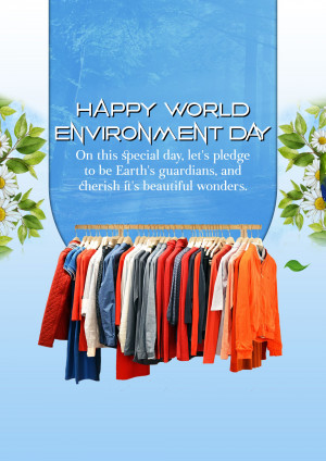 World Environment Day graphic with clothes on a rack and floral decorations.