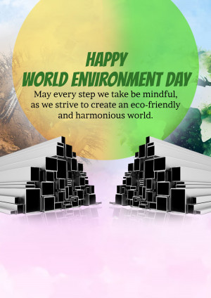World Environment Day greeting with a green and blue circular design and a landscape featuring modern architecture.