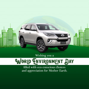 Silver Toyota Fortuner with a green environmental background celebrating World Environment Day.