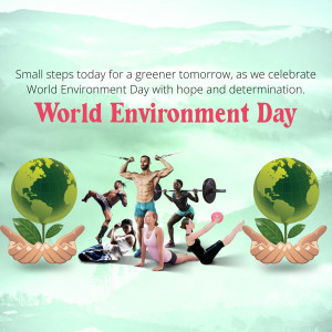 World Environment Day graphic with people exercising and globes with leaves.