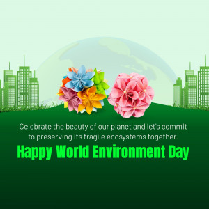 World Environment Day greeting with origami flowers and cityscape