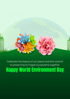 Paper flowers on a green hill with a globe in the background, celebrating World Environment Day.