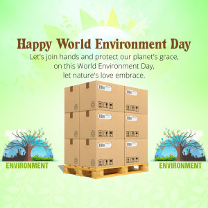 Image depicting World Environment Day with cardboard boxes on a pallet and green foliage.
