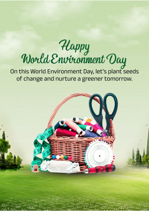 World Environment Day graphic with sewing supplies and a green background