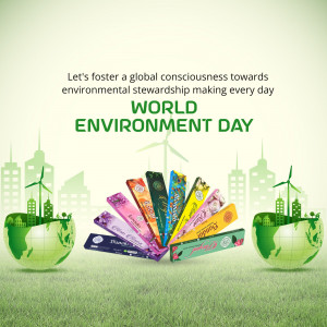 World Environment Day graphic with Earth globes, wind turbines, and incense sticks.