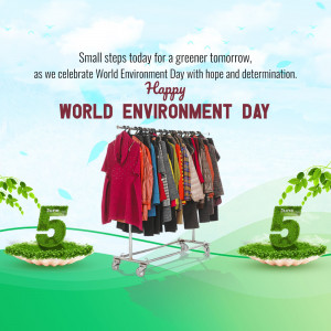 World Environment Day graphic with clothes on a rack and green elements.