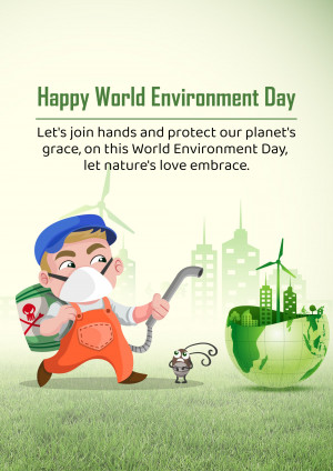 Illustration of a man protecting the Earth with a gas mask and hose, with wind turbines and a cityscape in the background.