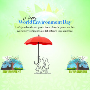 World Environment Day illustration with a red umbrella protecting a family and trees.