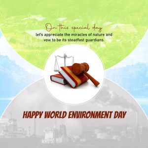 World Environment Day graphic with law books and nature imagery