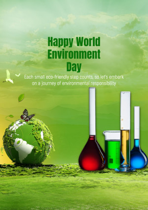 World Environment Day poster with a globe made of leaves and test tubes