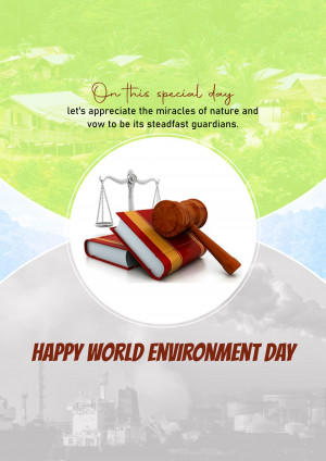 World Environment Day graphic with scales of justice, books, and a gavel