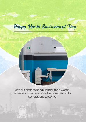 World Environment Day graphic featuring a hospital scene and a call to action for sustainability.