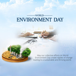 World Environment Day graphic with hands writing and a miniature Earth with greenery and industry.
