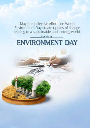 World Environment Day poster with hands working on a desk and environmental imagery.