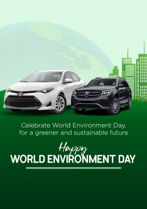 Two cars, a white Toyota and a black SUV, displayed with a globe and city skyline for World Environment Day.