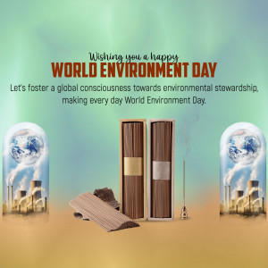 World Environment Day graphic with Earth in glass domes and industrial imagery.