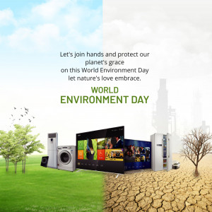 World Environment Day graphic with a split image showing a healthy green environment and a barren, dry landscape, alongside LG appliances.