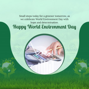 World Environment Day graphic with hands planting a seedling and a calculator