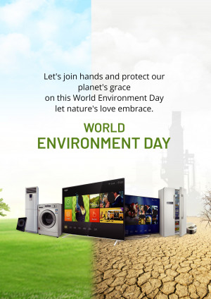 World Environment Day promotional image featuring Samsung appliances and a split scene of lush greenery and a barren landscape.