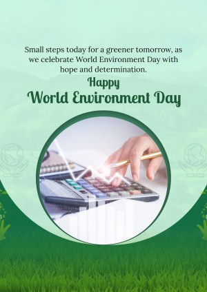 World Environment Day graphic with hands planting a seedling and a calculator.