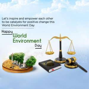 World Environment Day graphic with scales of justice, a book of law, and a miniature landscape representing environmental concerns.