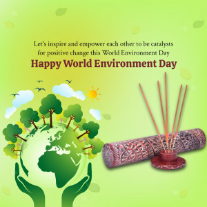 World Environment Day greeting with Earth in hands and nature elements