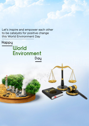 World Environment Day graphic with scales of justice, a tree growing from pollution, and a law book.