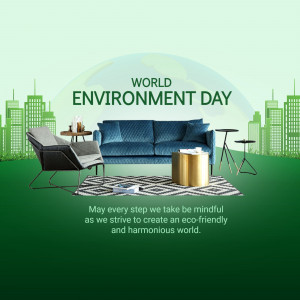 Modern living room with cityscape and greenery, celebrating World Environment Day.