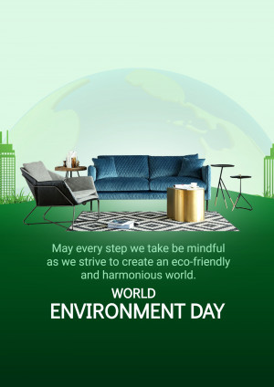 Modern living room furniture with a globe and cityscape background for Environment Day