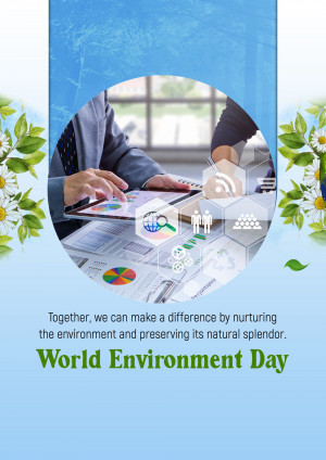 People collaborating over data analysis with environmental icons, promoting World Environment Day.