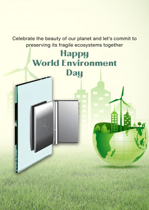 World Environment Day poster with a globe, wind turbines, and a smartphone.