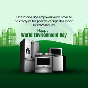 Image depicting appliances with a cityscape and globe for World Environment Day