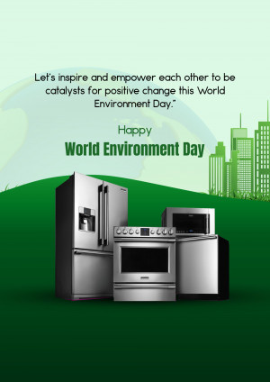 Image depicting appliances and a cityscape with the text 'Happy World Environment Day' and a message about inspiring positive change.