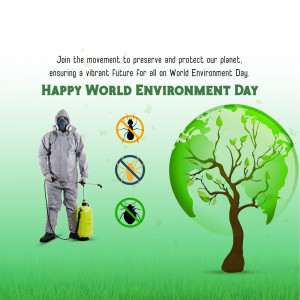 World Environment Day poster with a person spraying insecticide and a globe shaped like a tree.