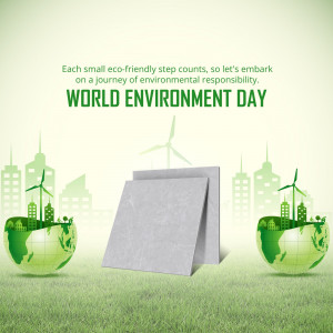 World Environment Day graphic with globes, wind turbines, and eco-friendly materials.