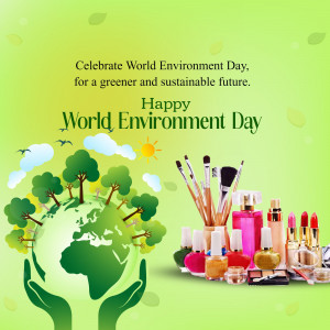 World Environment Day graphic with Earth in hands and beauty products